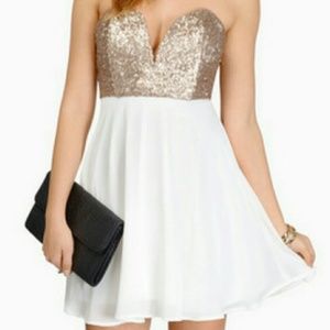 Tobi strapless gold sequin white dress